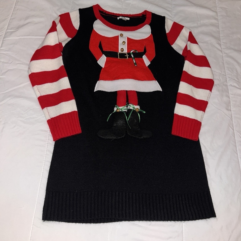 Kela Mrs. Claus Hanging Legs/Bell Women's Size M Long Ugly Christmas Sweater